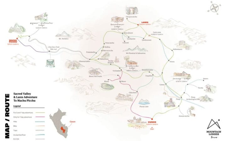 Route map of 5- and 7-day Sacred Valley & Lares Adventure to Machu Picchu, operating round-trip from Cusco, Peru, with visits to Pisaq, Huacahuasi, Ollantaytambo and the ancient Inca citadel.
