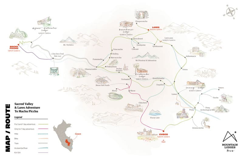 Route map of 5- and 7-day Sacred Valley & Lares Adventure to Machu Picchu, operating round-trip from Cusco, Peru, with visits to Pisaq, Huacahuasi, Ollantaytambo and the ancient Inca citadel.