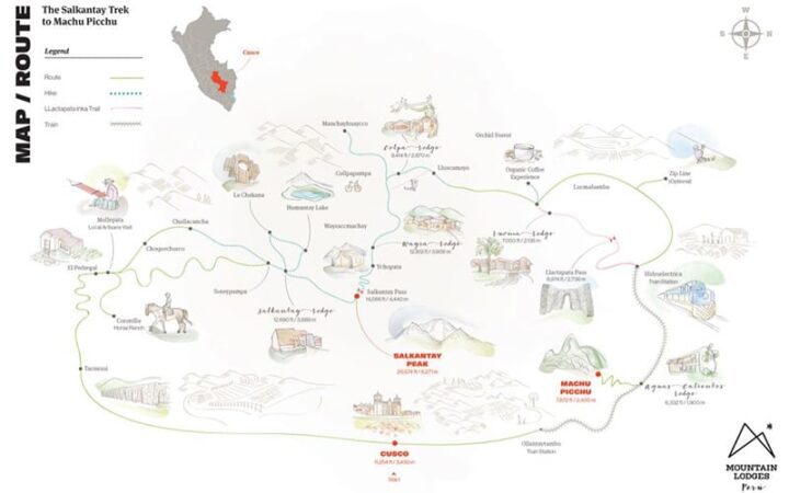 Route map of Salkantay Trek to Machu Picchu, operating in the Andes mountains, roundtrip from Cusco, Peru with stops at Salkantay Lodge, Humantay Lake, Salkantay Pass, the Santa Teresa River Valley, Llactapata Pass and Machu Picchu.