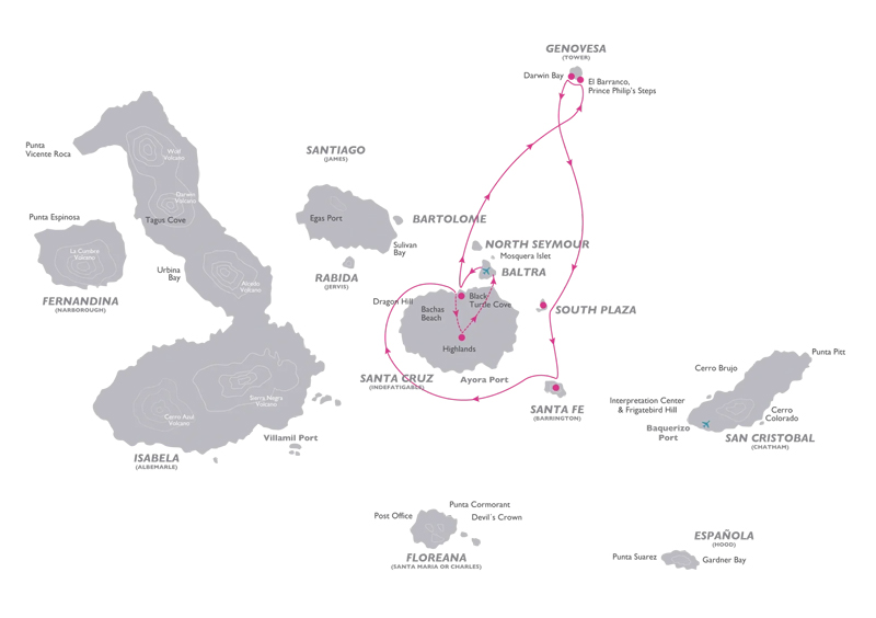 Galapagos cruise route map of the Legend 4-Day Central itinerary with visits to Santa Cruz, Genovesa and Santa Fe.