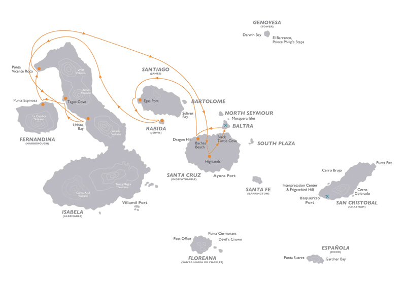 Galapagos cruise route map of the Legend 5-Day West itinerary with visits to Baltra, Santiago, Rabida, Isabela, Fernandina and Santa Cruz.
