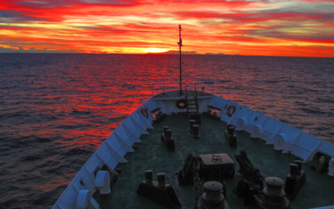Small ship bow of white & green sails through calm seas under a blazing sunset of orange, yellow & pink in the Drake Passage.
