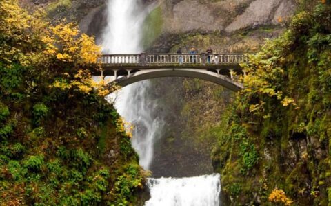 people standing on the bridge above multnomah falls in the pacific northwest on an overcast day with fall colored foliage around them