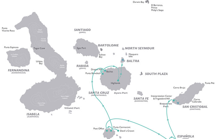 Galapagos cruise route map of the Legend 5-Day South itinerary with visits to Floreana, Espanola, Santa Cruz and San Cristobal