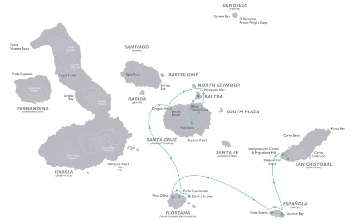 Galapagos cruise route map of the Legend 5-Day South itinerary with visits to Floreana, Espanola, Santa Cruz, Mosquera Islet & San Cristobal.