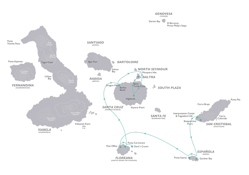 Galapagos cruise route map of the Legend 5-Day South itinerary with visits to Floreana, Espanola, Santa Cruz, Mosquera Islet & San Cristobal.