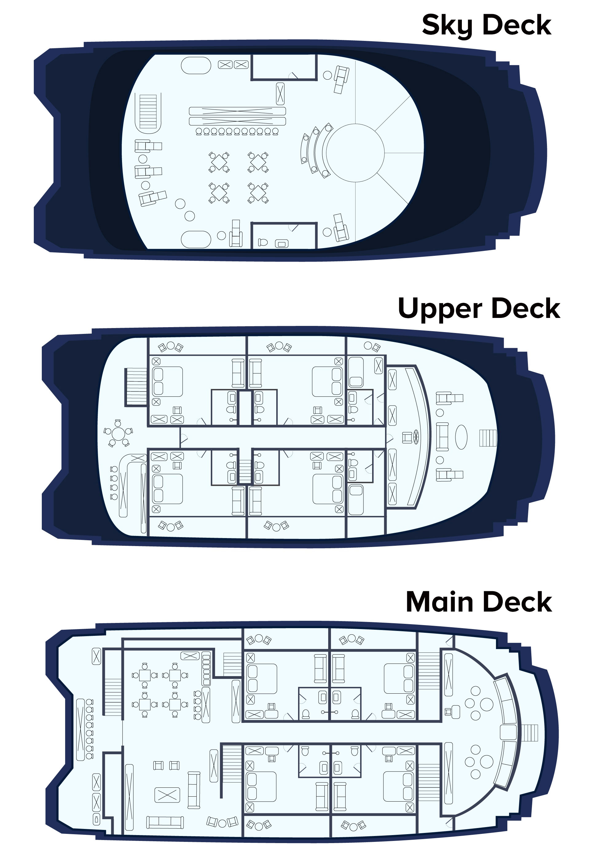 Deck plan of Endemic Galapagos catamaran with 3 decks for 16 guests in 8 cabins.
