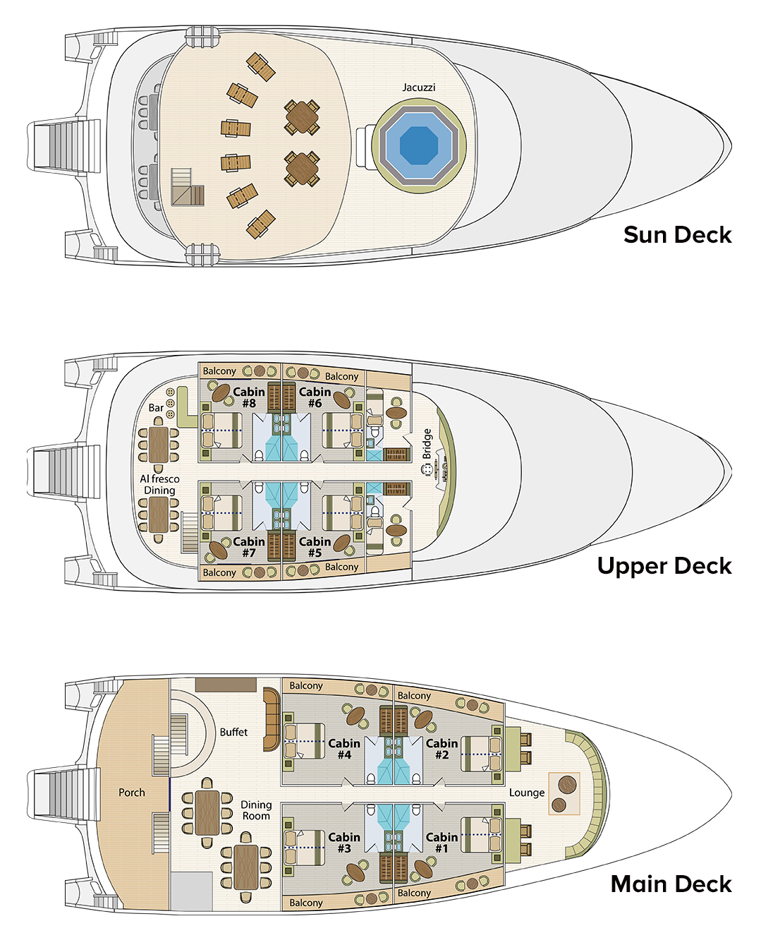 Galapagos Horizon trimaran ship deck plan with main, upper & sun decks & 8 guest staterooms plus a lounge, bar, dining room & porch.