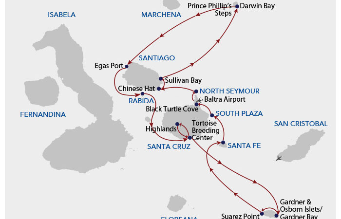 A cruise route map showing the path of Galapagos Angel cruise on its 8 day central itinerary a