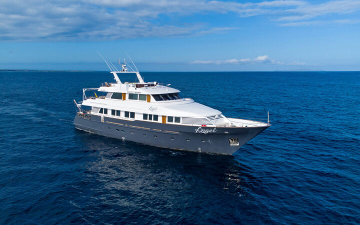 The Galapagos Angel yacht with a blue hull seen sailing on still blue water