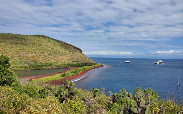 New 2025 Galapagos cruise ship Hermes seen at anchor near Rabida island with red sand and bright green bushes on shore