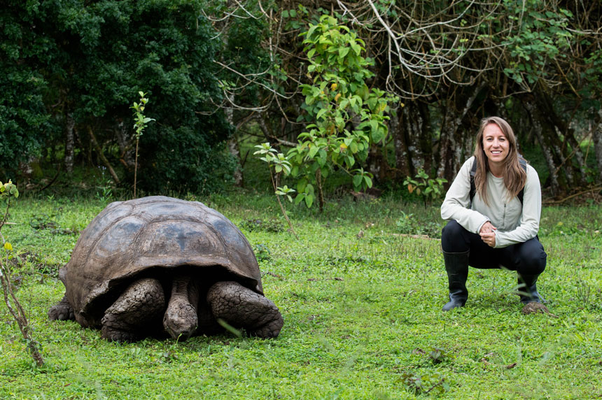 Woman in white sweater & black pants & boots kneels beside giant tortoise walking on grass in Galapagos.