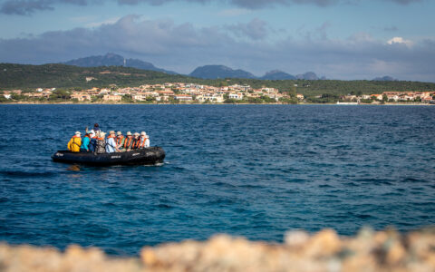 Zodiac boat with Mediterranean cruise guests motors along shore in teal sea with green & beige seaside city in background.