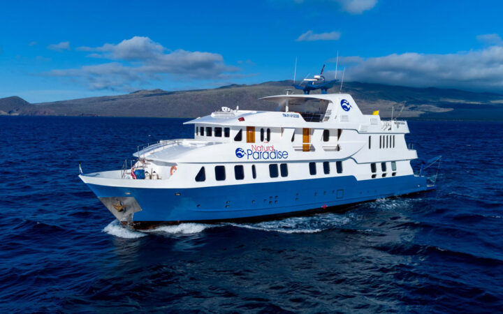 Exterior port side of Natural Paradise Galapagos small ship cruising with blue hull & 3 white upper decks.