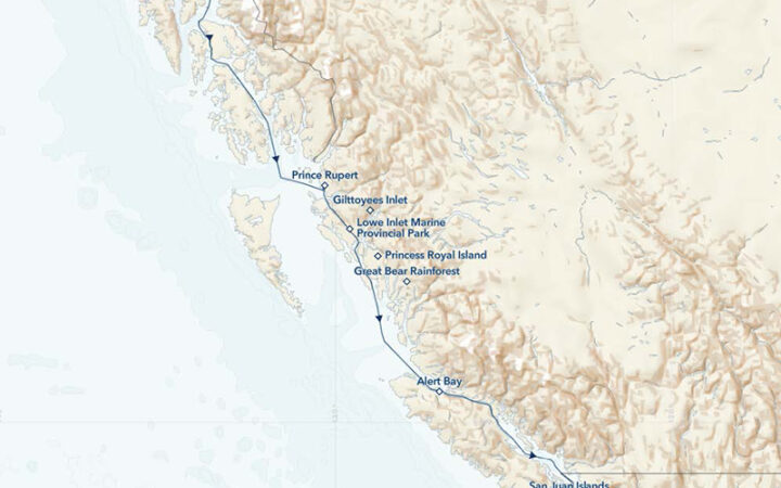 route map of small ship cruise exploring Alaska, Great Bear Rainforest and the San Juan Islands