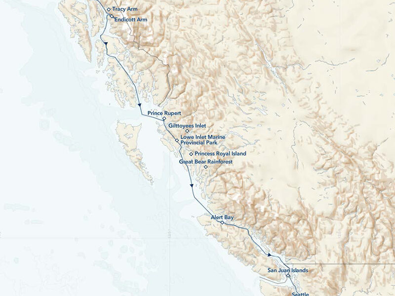 route map of small ship cruise exploring Alaska, Great Bear Rainforest and the San Juan Islands