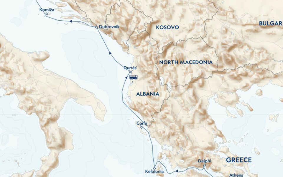 Route map of northbound Ancient Mediterranean Odyssey: Greece, Croatia & Albania cruise, including a Corinth Canal crossing.