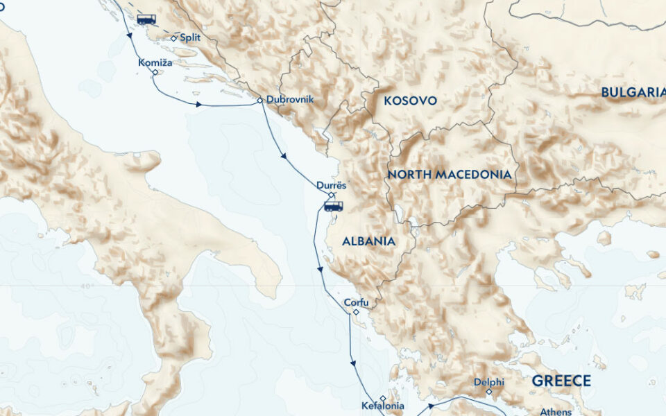 Route map of southbound Ancient Mediterranean Odyssey: Greece, Croatia & Albania cruise, including a Corinth Canal crossing.