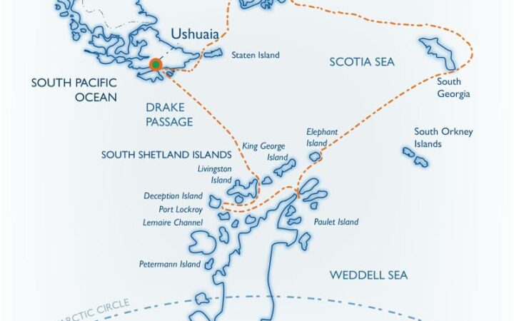 Route map for 20-Day Classic South Georgia small ship cruise itinerary, operating round-trip from Ushuaia, Argentina, with visits to the Falklands & Antarctic Peninsula.