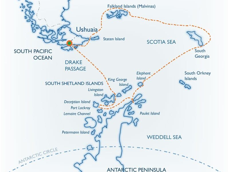 Route map for 20-Day Classic South Georgia small ship cruise itinerary, operating round-trip from Ushuaia, Argentina, with visits to the Falklands & Antarctic Peninsula.