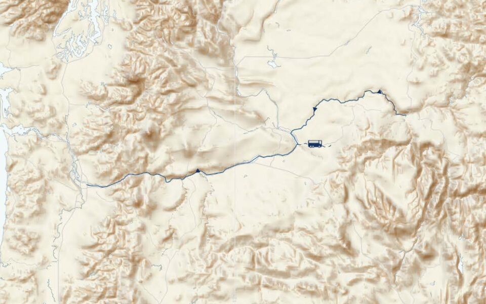 Route map of Spring Bloom departures of the Columbia & Snake Rivers Journey small ship cruise, operating between Portland, Oregon, and Clarkston, Washington, with visits along the Columbia, Hood & Palouse Rivers, including Walla Walla.