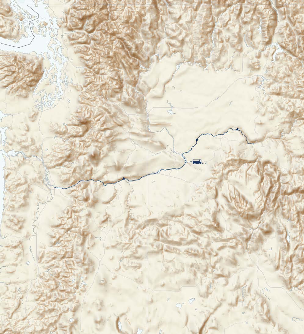 Route map of Spring Bloom departures of the Columbia & Snake Rivers Journey small ship cruise, operating between Portland, Oregon, and Clarkston, Washington, with visits along the Columbia, Hood & Palouse Rivers, including Walla Walla.