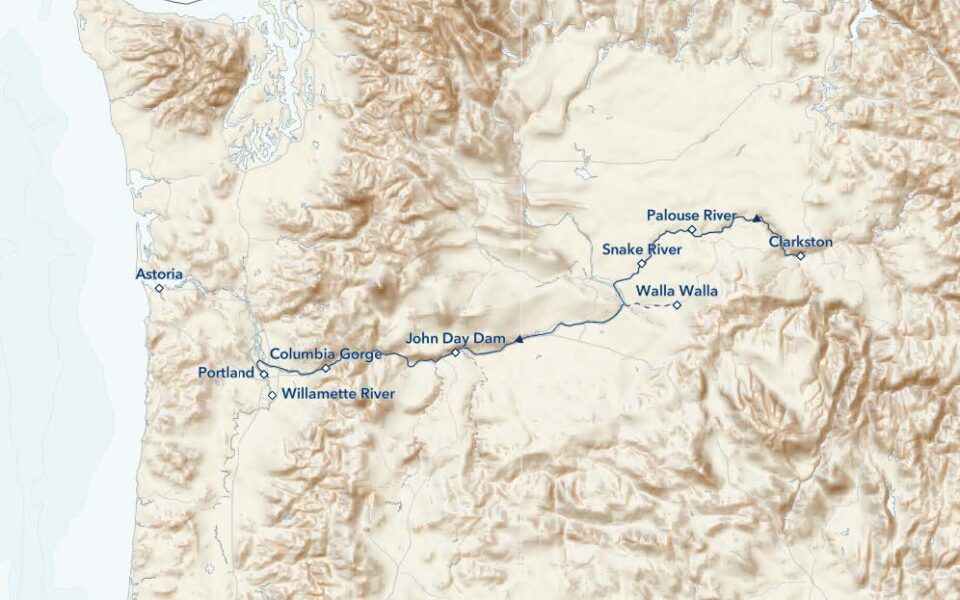 Columbia and Snake Rivers Journey route map from Portland to Clarkston.