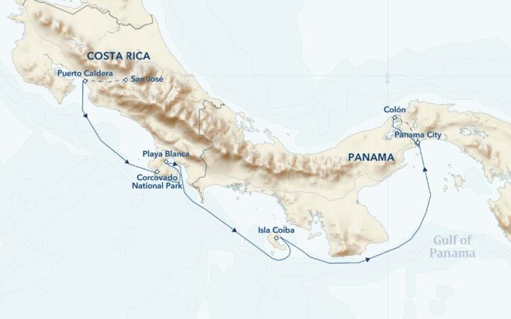 Route map of National Geographic Costa Rica and Panama Canal cruise, operating between San Jose, Costa Rica & Colon, Panama City, Panama.