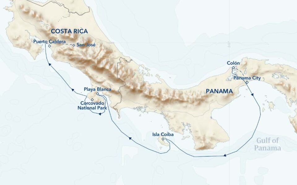 Route map of National Geographic Costa Rica and Panama Canal cruise, operating between San Jose, Costa Rica & Colon, Panama City, Panama.
