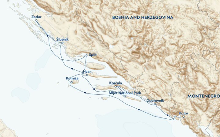 Route map of Croatia's Dalmatian Coast & Montenegro cruise round-trip from Split, Croatia, with visits along the Dalmatian Coast & Montenegro's Kotor.