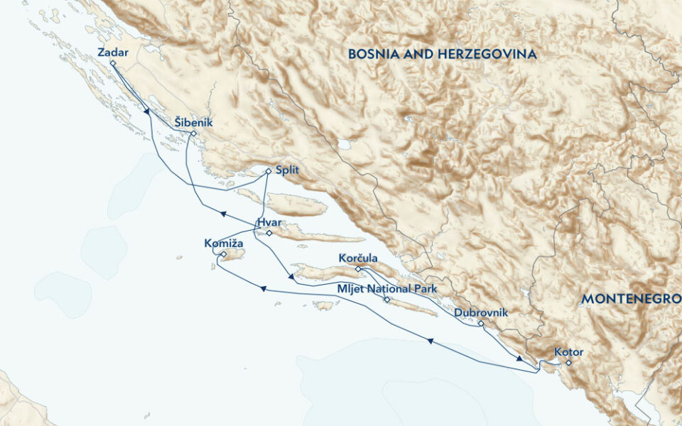 Route map of Croatia's Dalmatian Coast & Montenegro cruise round-trip from Split, Croatia, with visits along the Dalmatian Coast & Montenegro's Kotor.
