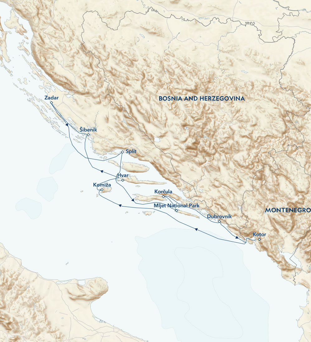Route map of Croatia's Dalmatian Coast & Montenegro cruise round-trip from Split, Croatia, with visits along the Dalmatian Coast & Montenegro's Kotor.