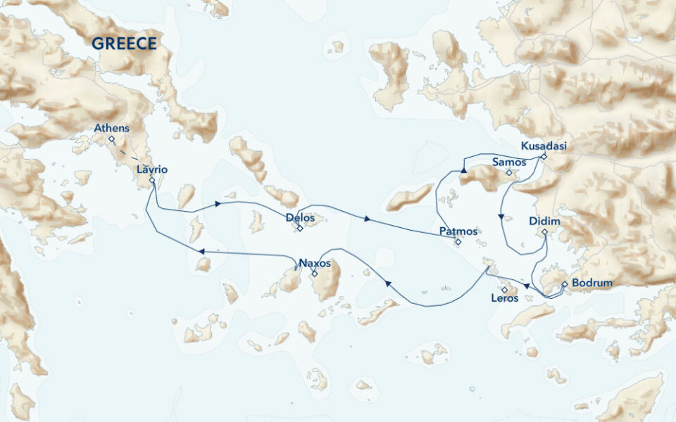Route map of Crossroads of the Ancient World: Greece & Turkey cruise round-trip from Lavrio with overland transfers to begin & end in Athens.