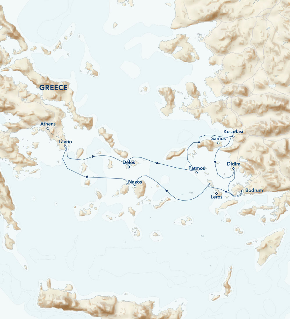 Route map of Crossroads of the Ancient World: Greece & Turkey cruise round-trip from Lavrio with overland transfers to begin & end in Athens.