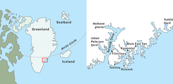Route map of East Greenland & the Mighty Fjords Around Sermilik cruise in the southeast with the region & fjord systems shown.