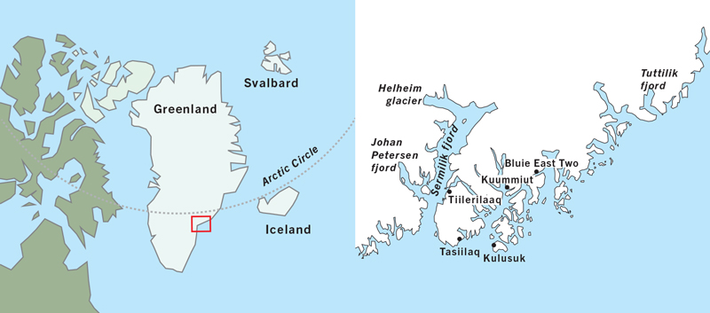 Route map of East Greenland & the Mighty Fjords Around Sermilik cruise in the southeast with the region & fjord systems shown.
