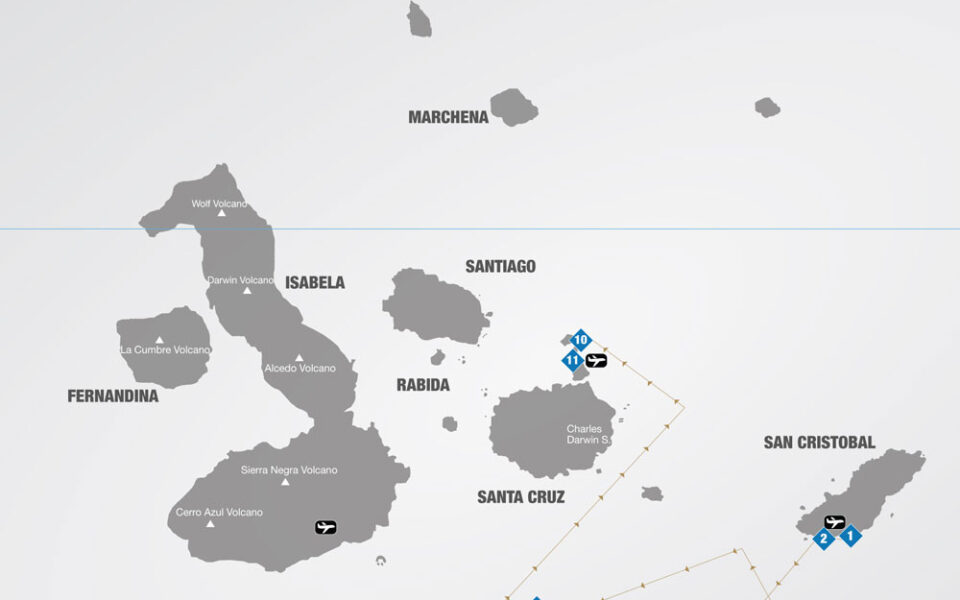 Route map of the 4-day Southern Elite Galapagos cruise with visits to San Cristobal, Espanola, Floreana, Santa Cruz & Baltra islands.