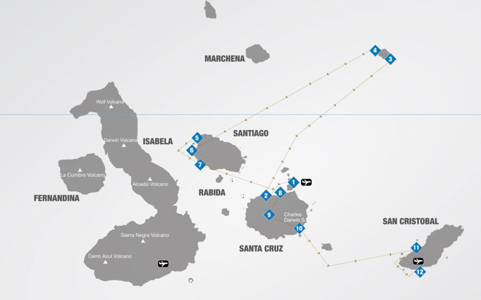 Route map of the 5-day Northern Elite Galapagos cruise with visits to Baltra, Santa Cruz, Genovesa, Santiago & San Cristobal islands.