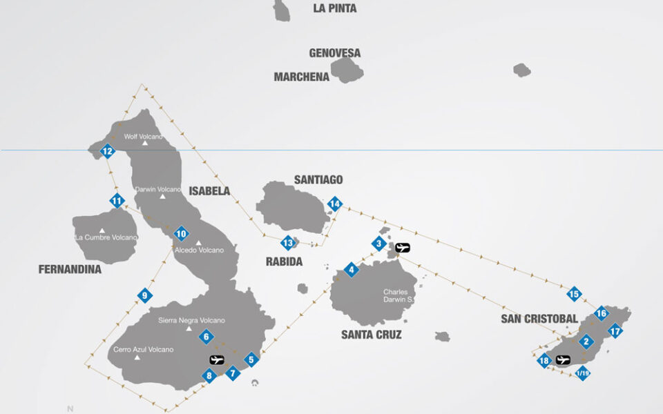 Route map of 8-day Western Elite Galapagos cruise with visits to San Cristobal, North Seymour, Santa Cruz, Isabela, Fernandina, Rabida & Bartolome islands.