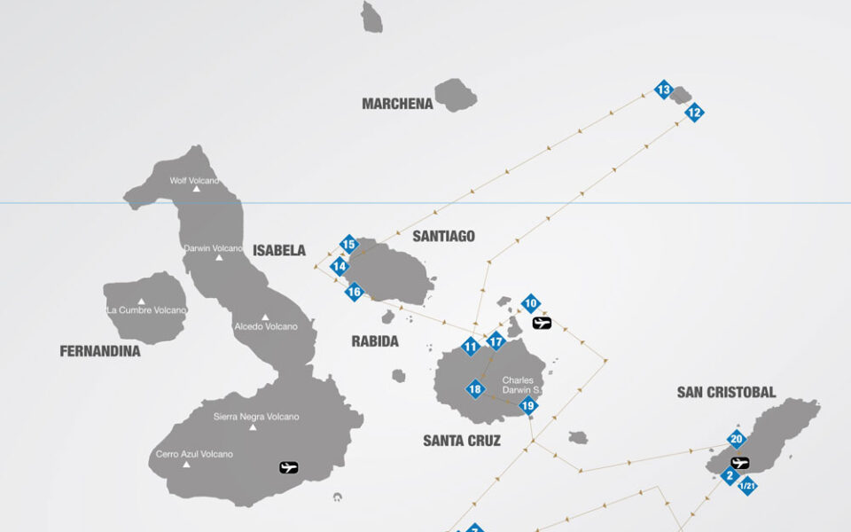Route map of the 8-day Eastern Elite Galapagos cruise with visits to San Cristobal, Espanola, Floreana, Baltra, Santa Cruz, Genovesa & Santiago islands.
