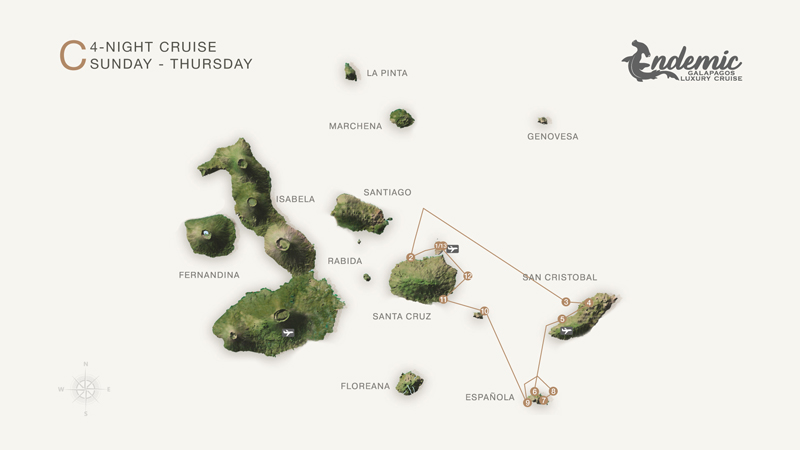 Route map of Endemic 5-day East itinerary C, operating round-trip from Baltra with visits to the islands of Santa Cruz, San Cristobal, Espanola, Santa Fe and South Plaza.
