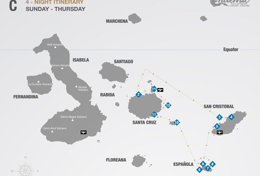 Route map of Endemic 5-day East itinerary C, operating round-trip from Baltra with visits to the islands of Santa Cruz, San Cristobal, Espanola, Santa Fe and South Plaza.