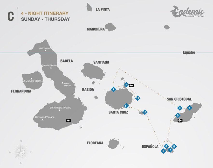 Route map of Endemic 5-day East itinerary C, operating round-trip from Baltra with visits to the islands of Santa Cruz, San Cristobal, Espanola, Santa Fe and South Plaza.