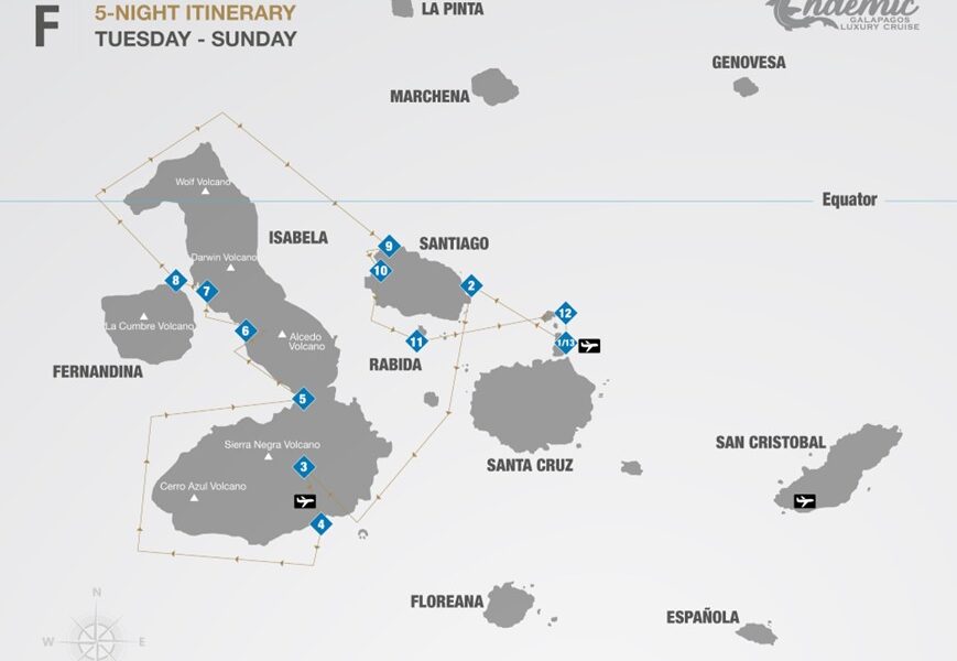 Route map of Endemic 6-day West itinerary F, operating round-trip from Baltra with visits to the islands of Santiago, Isabela, Fernandina, Rabida and Mosquera Islet.