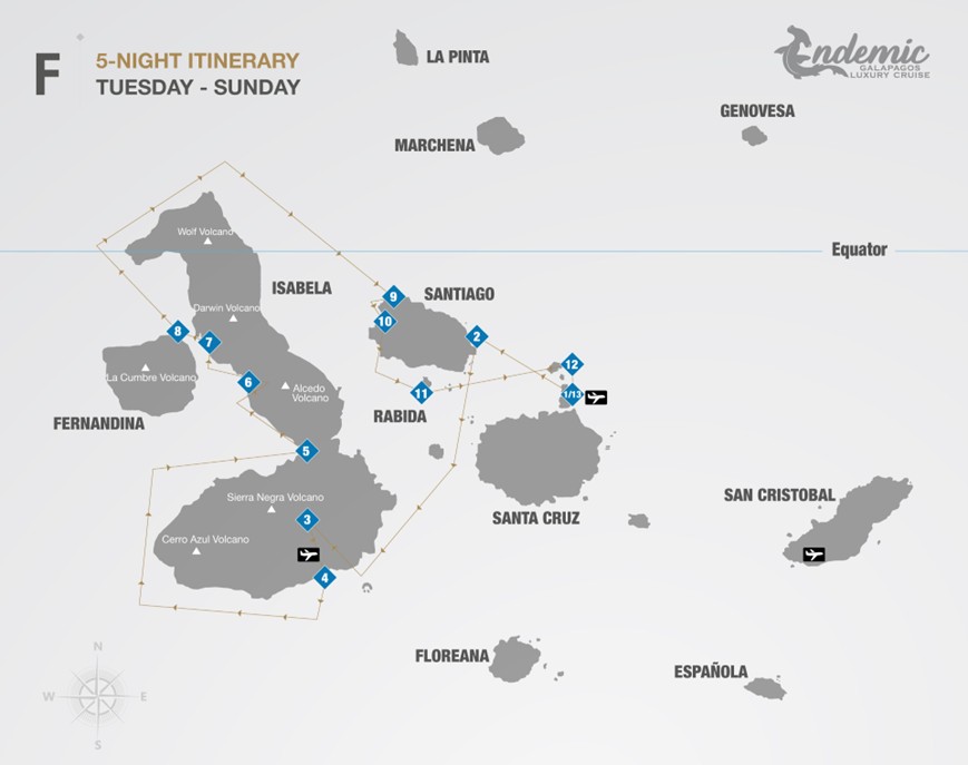 Route map of Endemic 6-day West itinerary F, operating round-trip from Baltra with visits to the islands of Santiago, Isabela, Fernandina, Rabida and Mosquera Islet.