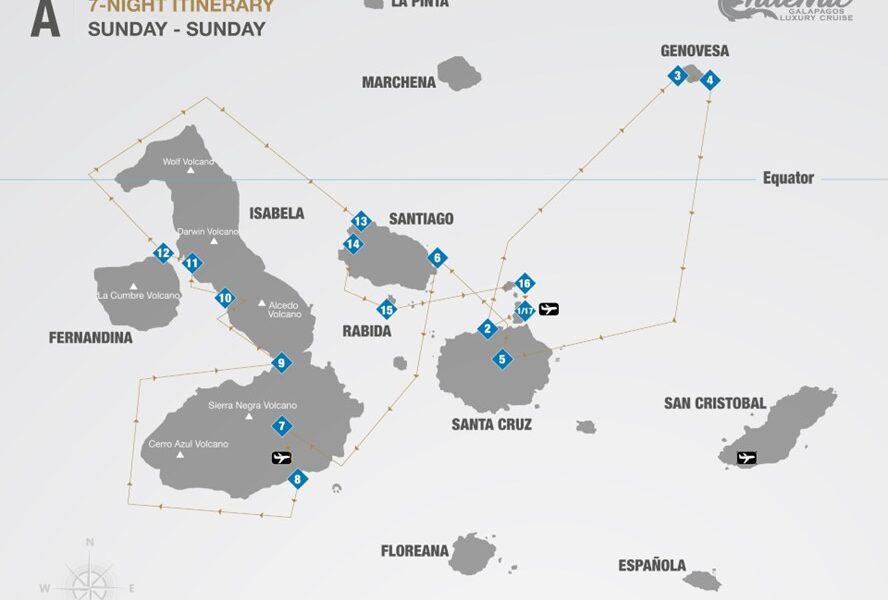 Route map of Endemic 8-day West itinerary A, operating round-trip from Baltra with visits to the islands of Santa Cruz, Genovesa, Santiago, Isabela, Fernandina, Rabida and Mosquera Islet.