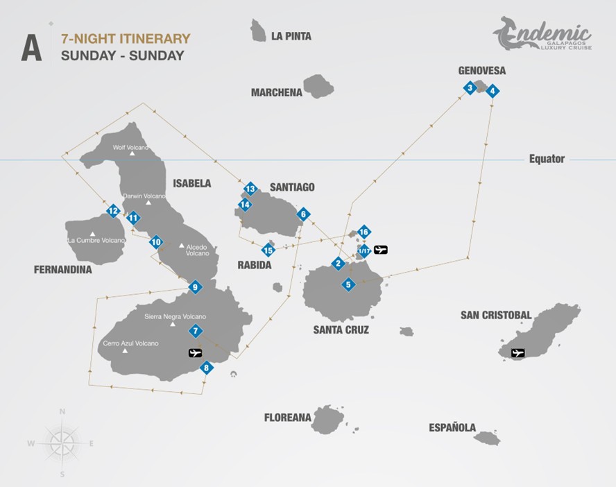 Route map of Endemic 8-day West itinerary A, operating round-trip from Baltra with visits to the islands of Santa Cruz, Genovesa, Santiago, Isabela, Fernandina, Rabida and Mosquera Islet.