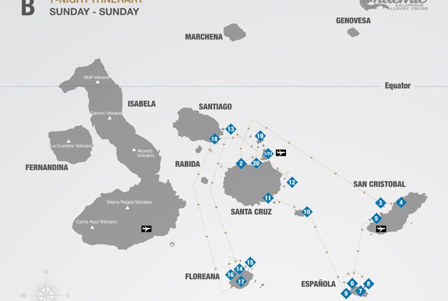 Route map of Endemic 8-day South itinerary B, operating round-trip from Baltra with visits to the islands of Santa Cruz, San Cristobal, Espanola, Santa Fe, South Plaza, Bartolome, Floreana, Chinese Hat, Santiago and North Seymour.