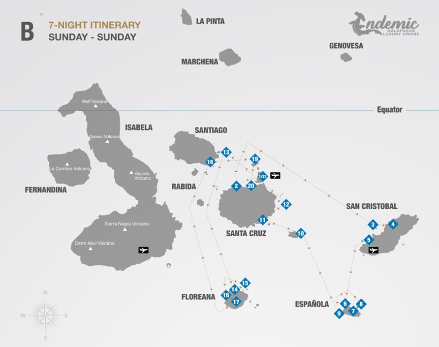 Route map of Endemic 8-day South itinerary B, operating round-trip from Baltra with visits to the islands of Santa Cruz, San Cristobal, Espanola, Santa Fe, South Plaza, Bartolome, Floreana, Chinese Hat, Santiago and North Seymour.