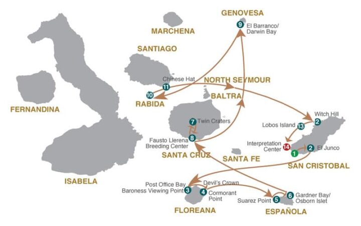 Route map of Eastern Grand Majestic cruise, round-trip from San Cristobal with visits to the islands of Floreana, Espanola, Santa Cruz, Genovesa, Rabida a& Chinese Hat.